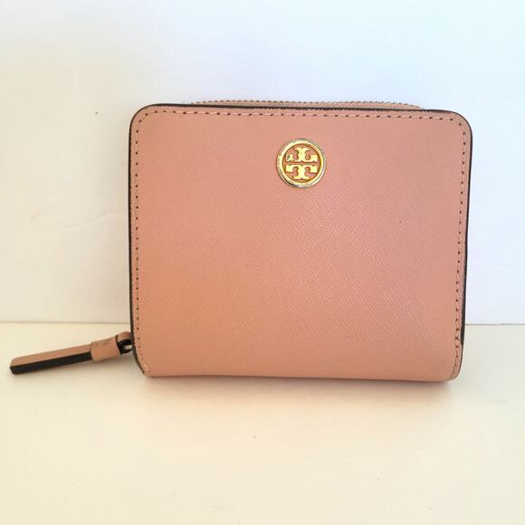 Tory Burch Pink Leather Zip Around Medium Credit Card Wallet Compact Logo - Picture 1 of 12